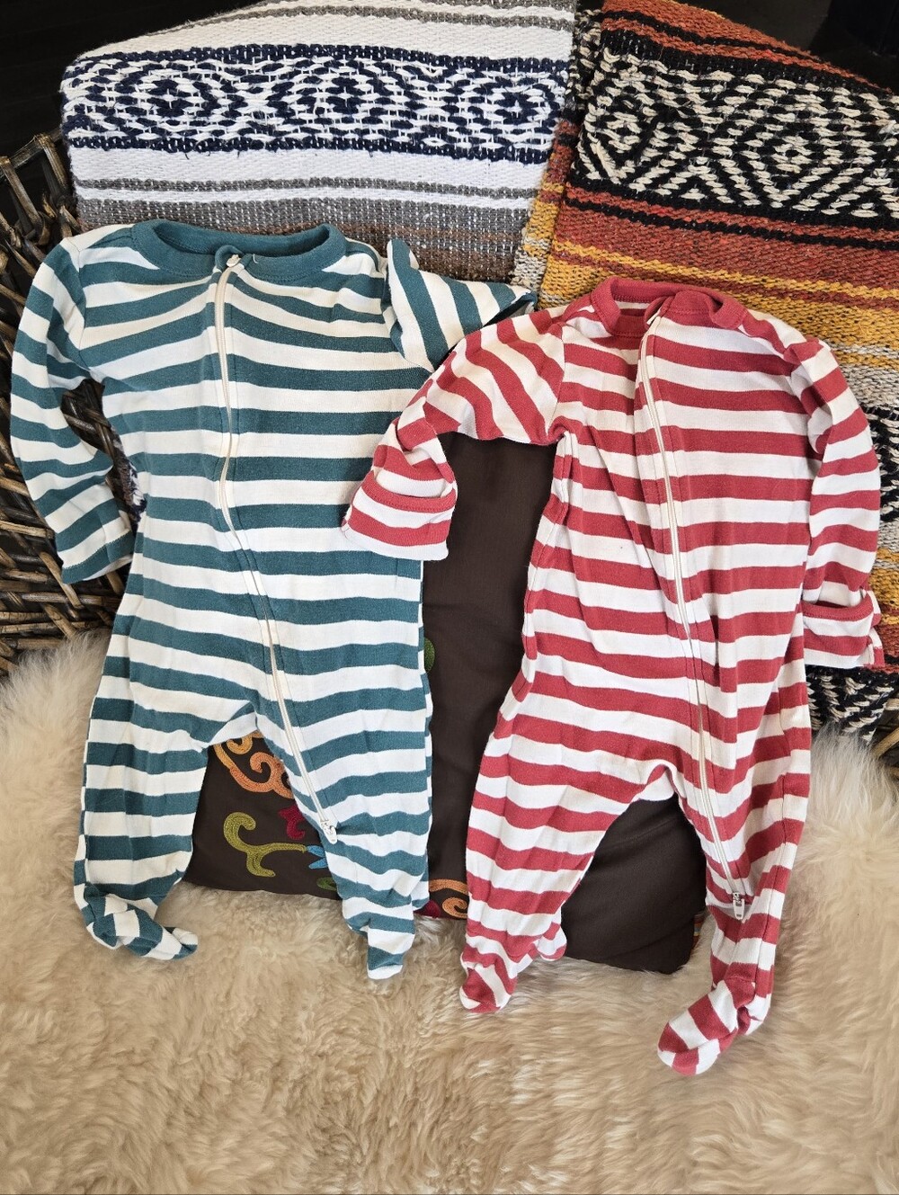 Old Navy Striped Footed One-Piece Sleeper Pajamas in Green and Red
